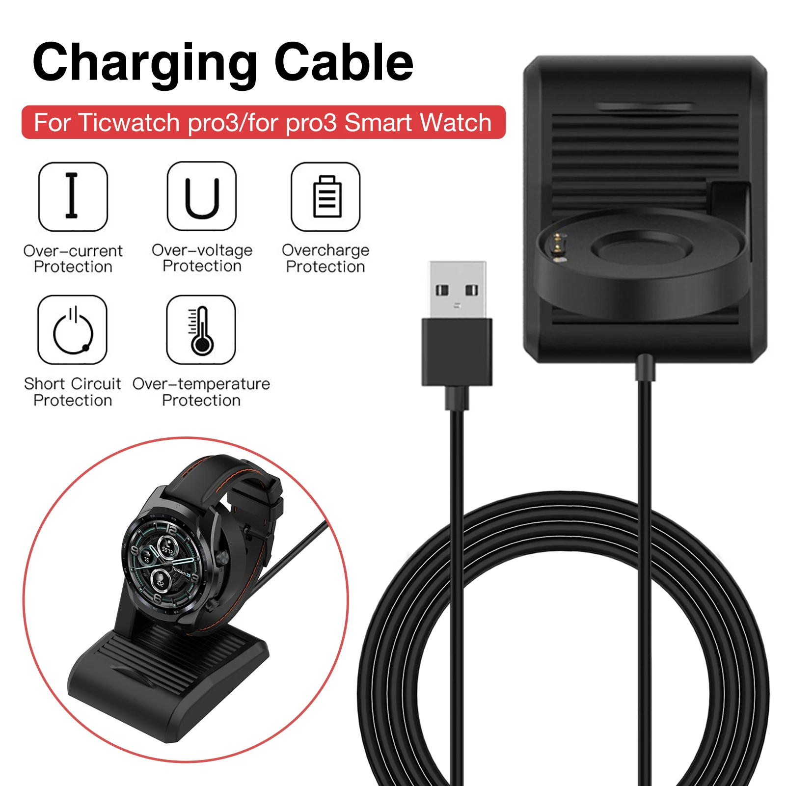 

Charging Dock For TicWatch Pro 3 / Pro 3 LTE Smart Watch, Portable Travel Charger Adapter 100cm USB Cable Smartwatch Accessories