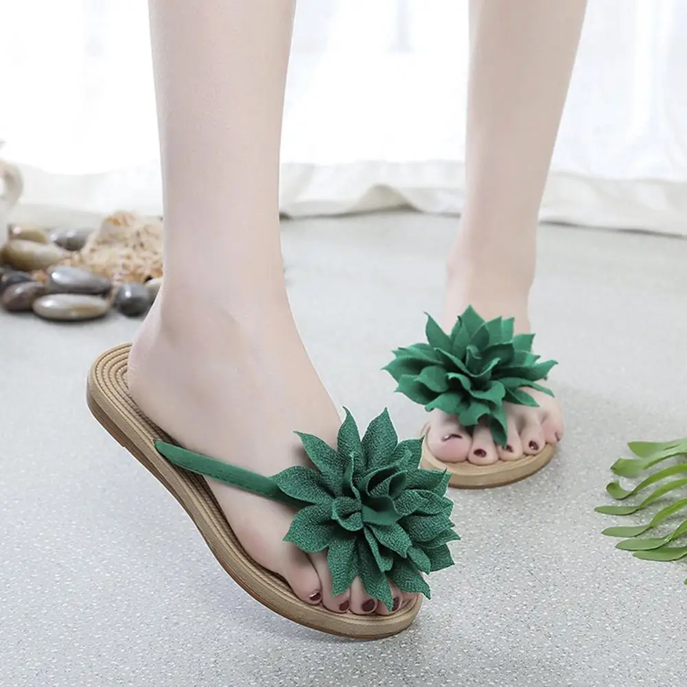 Women Fashion Summer Non Slip Flower Flip Flops Outdoor Beach Shoes Flat Sandals
