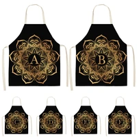 golden black alphabet mandala pattern cleaning aprons home cooking kitchen apron cook wear cotton linen adult bibs 5365cm