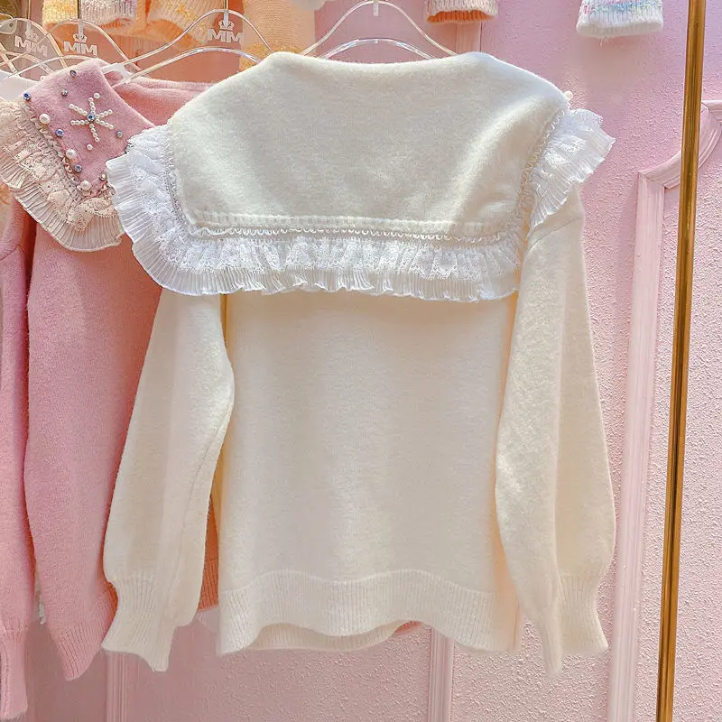 

2021 Spring Autumn New Women Heavy Industry Beaded Turndown Collar Lazy Style Sweater Loose Sweet Knit Top Plus Size L-4XL Y573