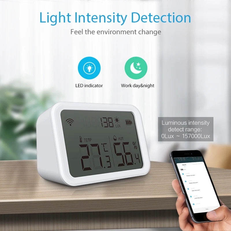 

Neo Wifi Smart Temperature Humidity Sensor LCD Digital Display Indoor Light Detection Tuya Remote Control For Alexa Google Home
