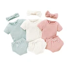 Комплект из 3 предметов для малышей, однотонный топ + штаны + головной убор, комплекты одежды для маленьких девочек, хлопковые комплекты с круглым вырезом и короткими рукавами, летние комплекты детской одежды для девочек