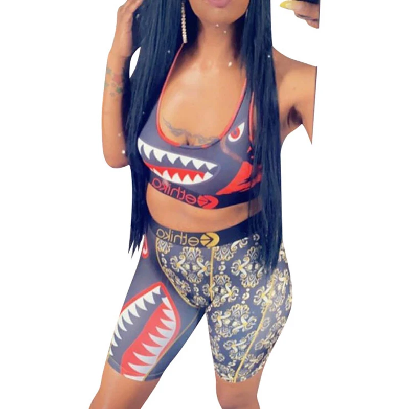 

BJYL Gray and Orange 2021 New Fashion Two Pieces Set Women Slim Bodycon Print Tacksuit 2 Pieces Shorts Playsuit Swimsuit