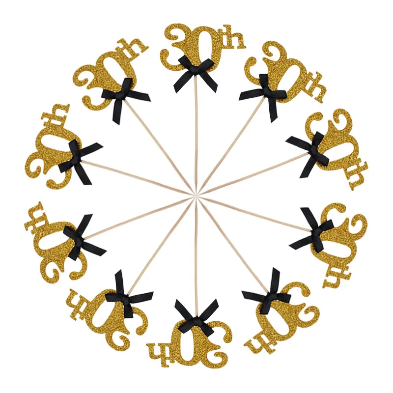 cupcake toppers Cyuan 30th украшения для вечеринки в честь Дня рождения поставки 30 золотые воздушные шары сверкающие Висячие закрутки 30 лет одноразовый набор столовых приборов - Цвет: cupcake toppers