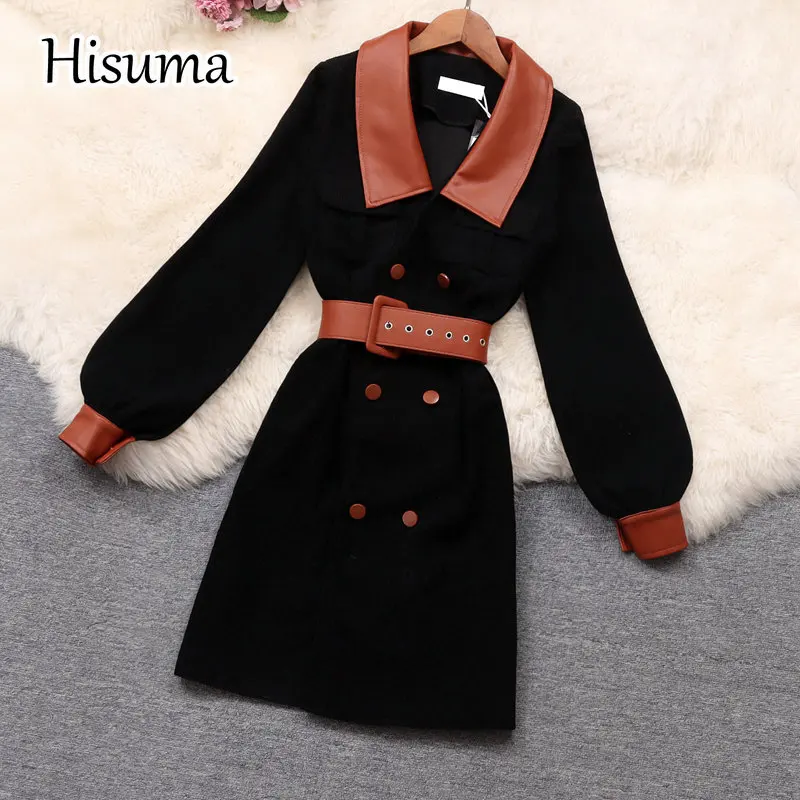 

Женское вельветовое платье с отложным воротником, двубортное ТРАПЕЦИЕВИДНОЕ платье с рукавами-фонариками и поясом, зима 2021