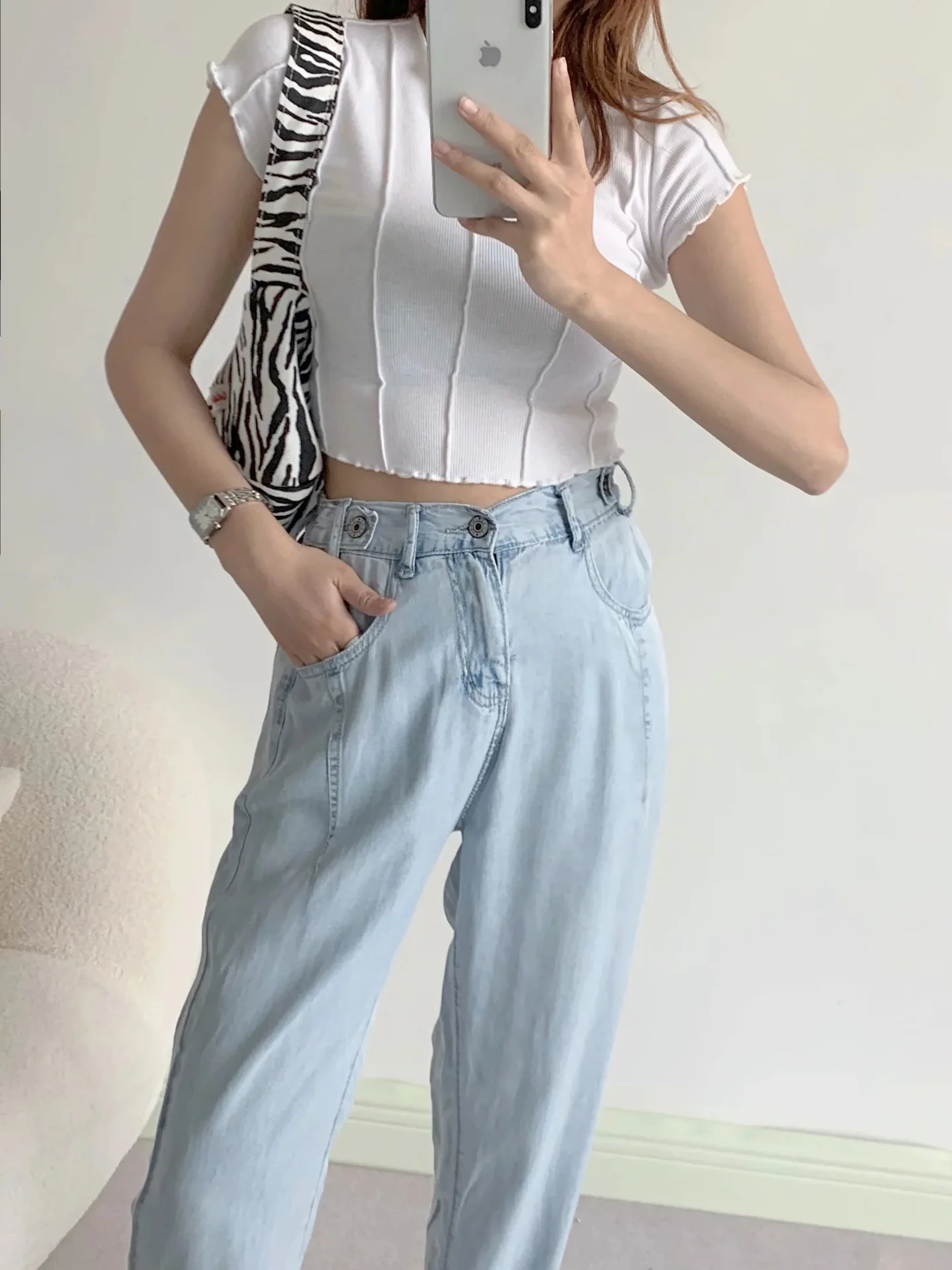 

TVVOVVIN 2021 Spring New Korean Loose Thin Denim Harlan Pants Vintage High Waist All-match Washable Jeans GTRJ
