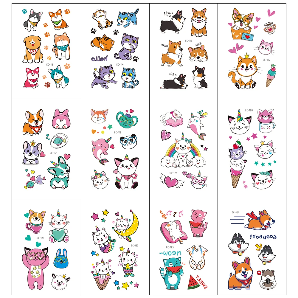 

12 pcs Cartoon Temporary Tattoo Mixed Style Cat Dogs Waterproof Fake Body Stickers Children For Birthday Party Supplies Sticker