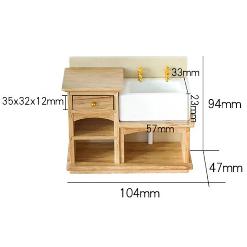 

1/12 Wooden Wash Basin Cabinet With Ceramic Hand Sink Miniature Furniture Toys For Dollhouse Bathroom Kitchen Decoration