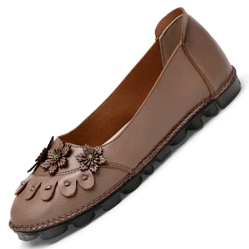 

Vintage Split Leather Shoes Red Women's Flats Soft Ballet Shoes 2021 Woman Anti-Skid Flat Shoes Ladies Floral Moccasins Black