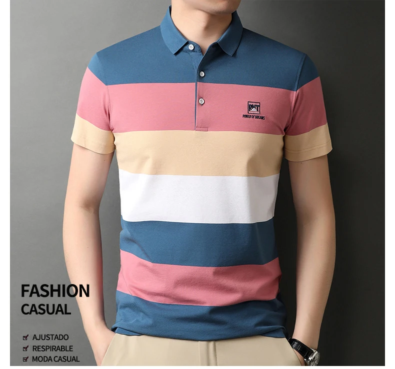 

Golf Polo Shirts For Men 2021 Summer New Cotton Turn Down Collar Striped Embroidery Tops Contrast Color High Quality Clothing