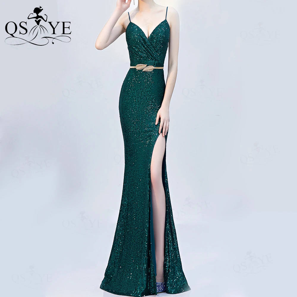 

Emerald Green Evening Dresses Shoulder Straps Cheap Prom Gown Sequin Long Party Dress Glitter Ruched V Neck Women Formal Gown