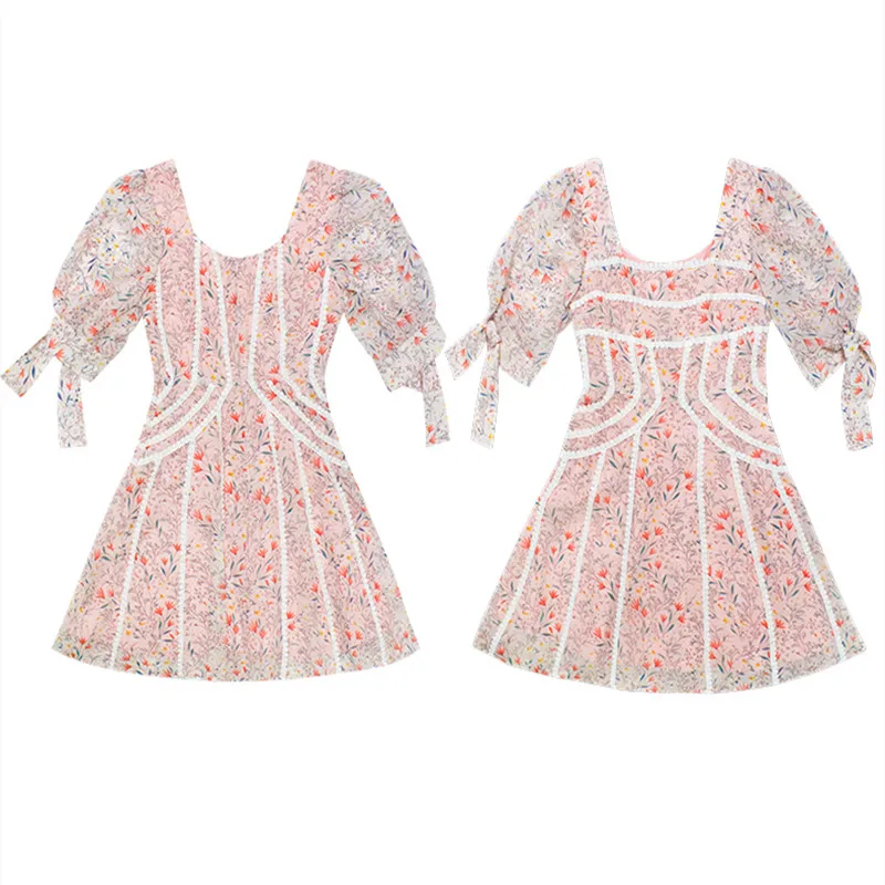 

Pink Chiffon Floral Dress Short French Spring Retro Five-point Sleeves Square Neck A-line Skirt High Waist