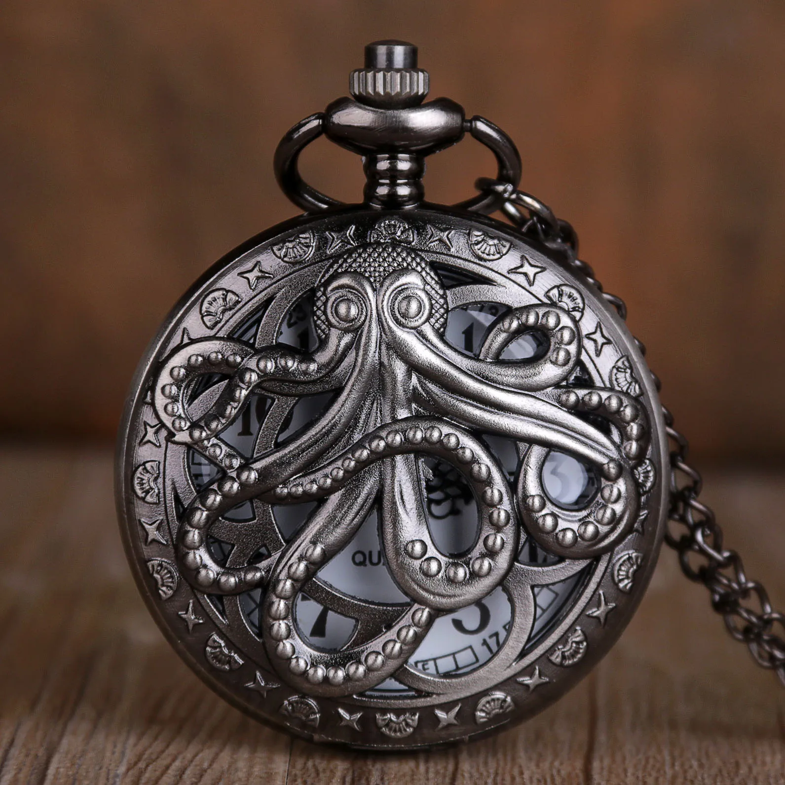 20pcs Free Shipping Octopus Hollow Half Hunter Quartz Pocket Watch Steampunk Black Pocket Watch Necklace Chain Gift for Kids enlarge