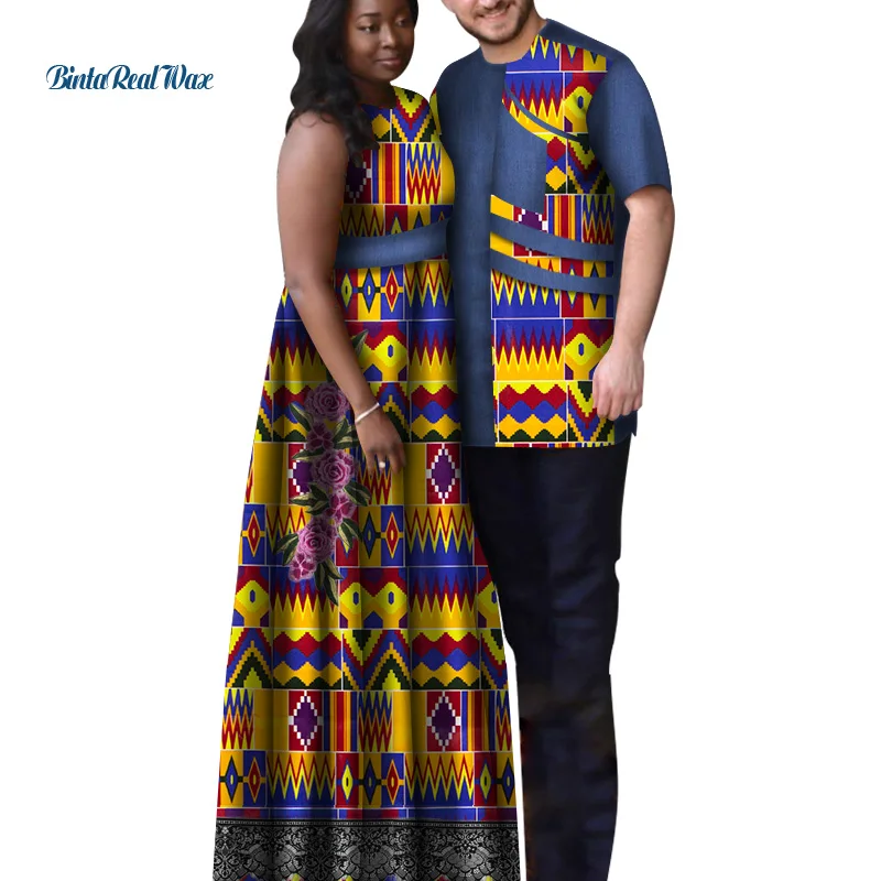 African Print Patchwork Dress for Women Bazin Riche Men's Top Shirt Couple Clothing African Lovers Couple Party Clothes WYQ493