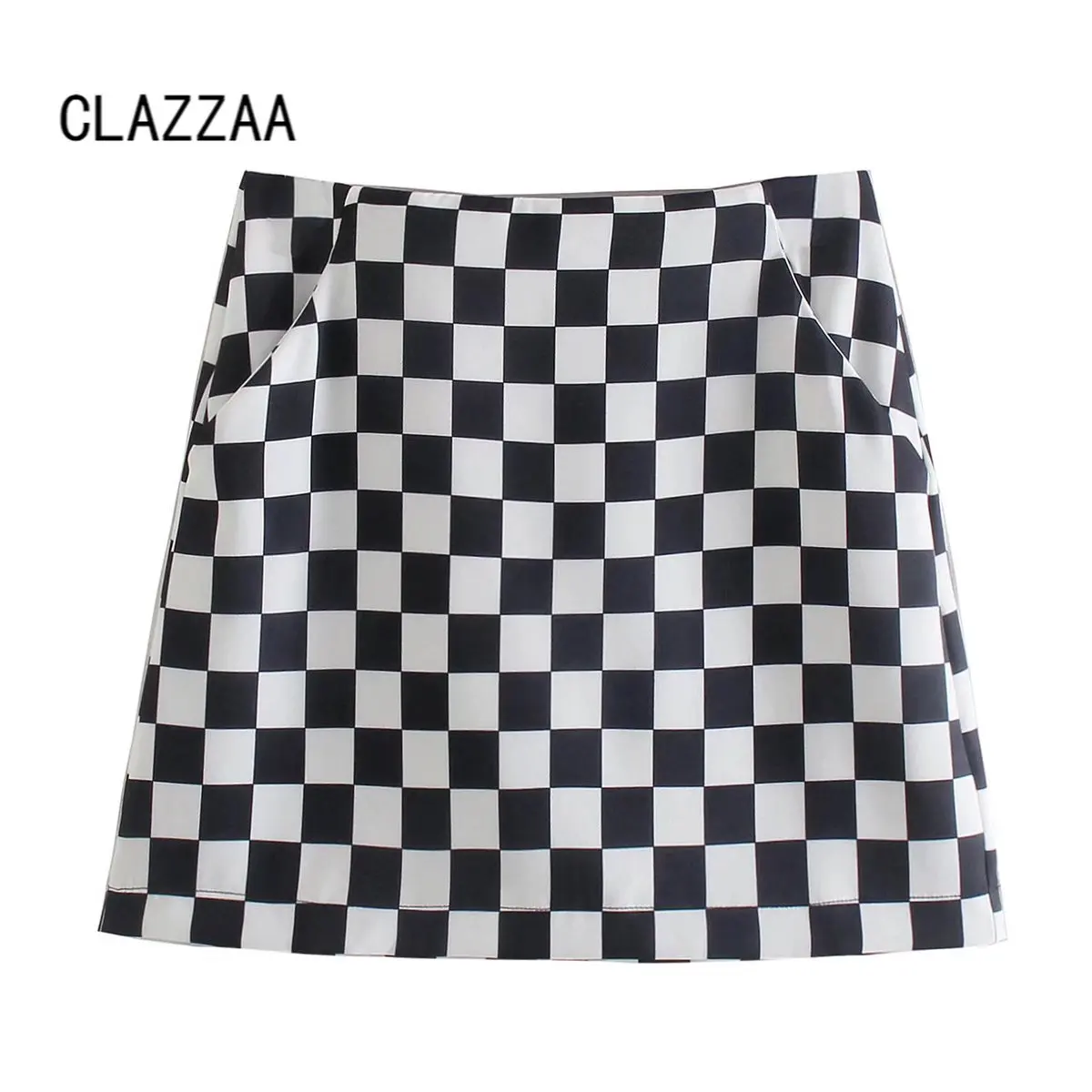 

Clazzaa Women Fashion Plaid Mini Skirt Vintage High-waist Back Zipper Casual Female Woman Casual Short skirts