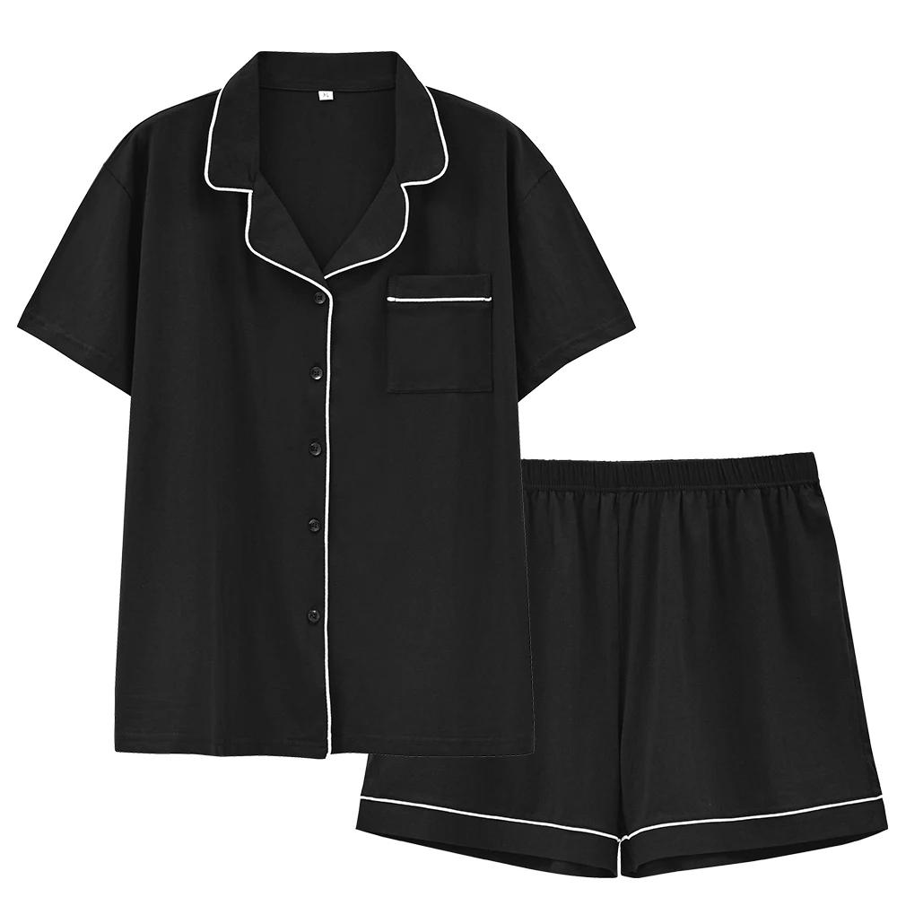 

Contrast Piping Pocket Front Pajama Set Black Short Sleeve Lapel Top With Elastic Waist Shorts Womens Two Piece Sets