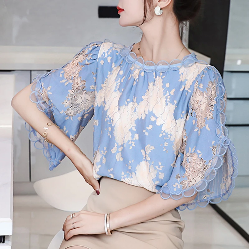 

GALCAUR Sweet Print Pullover Shirt For Women O Neck Flare Half Sleeve Hit Color Blouses Female Fashion New Clothing 2021 Summer