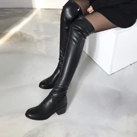 womens knee high boots high heels winter shoes round toe thick heel sexy elastic fabric womens boots size 34 42