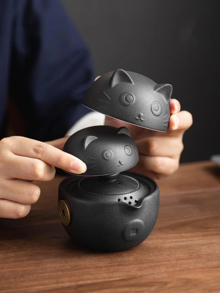 

Дорожный портативный керамический чайный набор серии Cat с чайником, чайные чашки, дорожная сумка для офиса, дома, путешествий I88