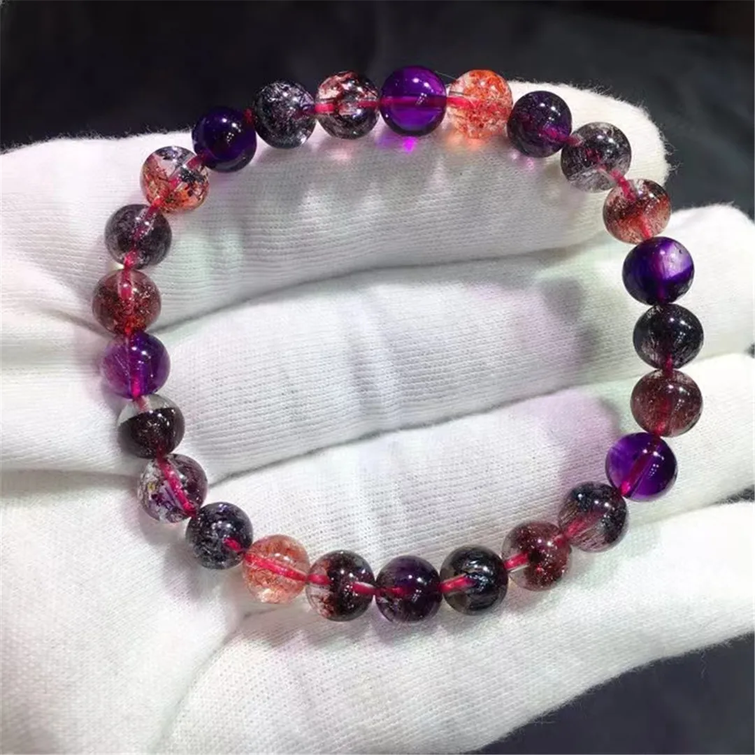 

7mm Natural Super Seven Melody Purple Rutilated Quartz Bracelet For Women Men Crystal Beads Clear Gemstone Strands Jewelry AAAAA