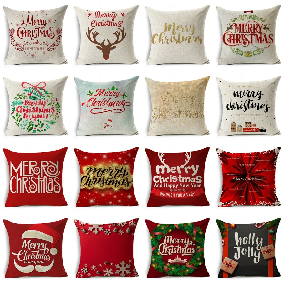 

Merry Christmas Letter Cushion Cover Deer Head Sofa Throw Pillow Cases Linen Snowflake Gift Pillow Cover Home Decor Red White
