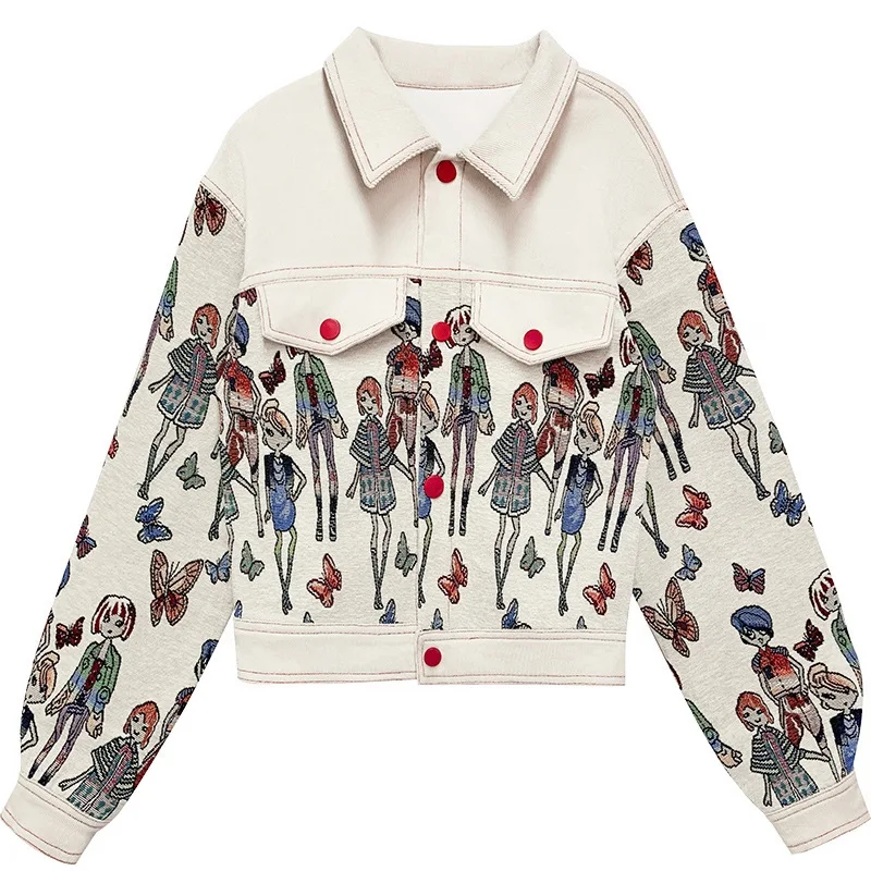 

Fashion Embroidery Women Short Coat Loose Straight Cylinder Printing Tooling Long Sleeve Short Womens Spring Jackets B433