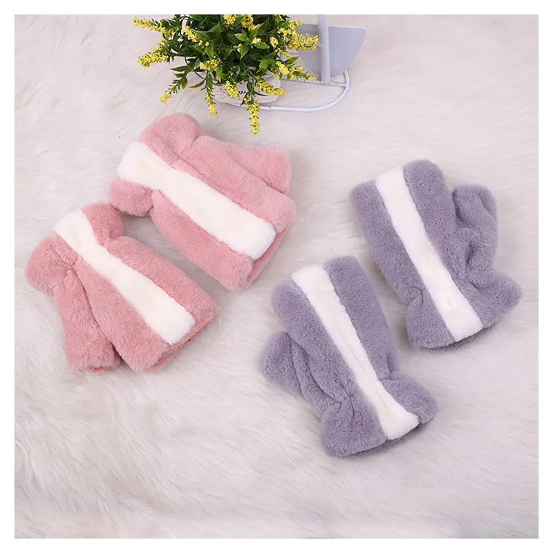 

Women Winter Warm Plush Half Finger Touch Screen Mittens Female Plus White Stripe Korean Windproof Fingerless Typing Gloves J67