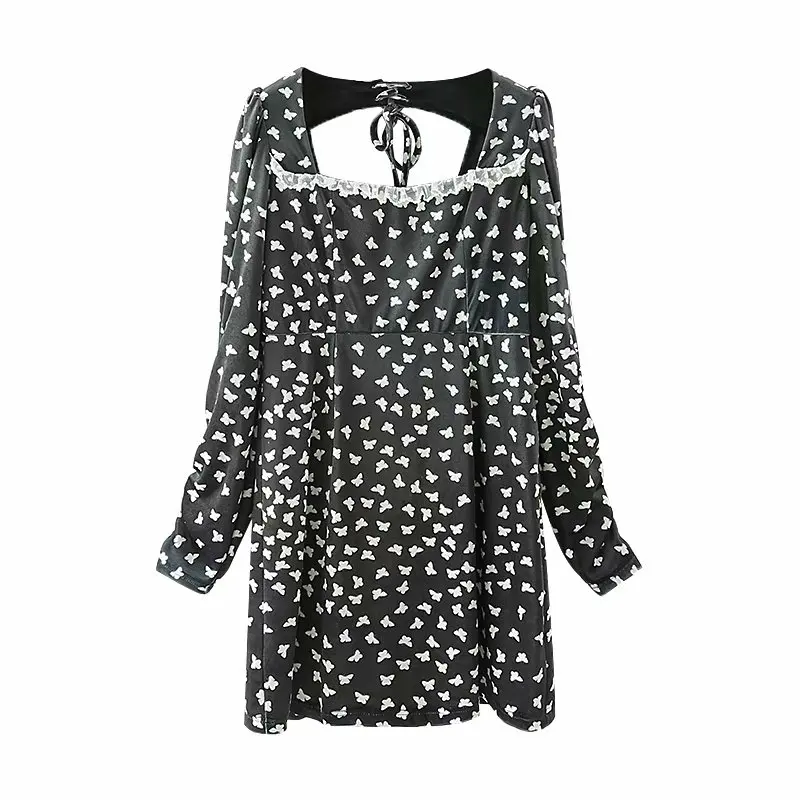 

mini vintage square collar black dress women spring long puff sleeve lace sexy short dress elegant vestido