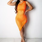 Женское прозрачное Сетчатое платье-накидка на бикини, неоновый купальник на одно плечо, летнее пляжное мини-платье, купальный костюм, купальник в сеточку