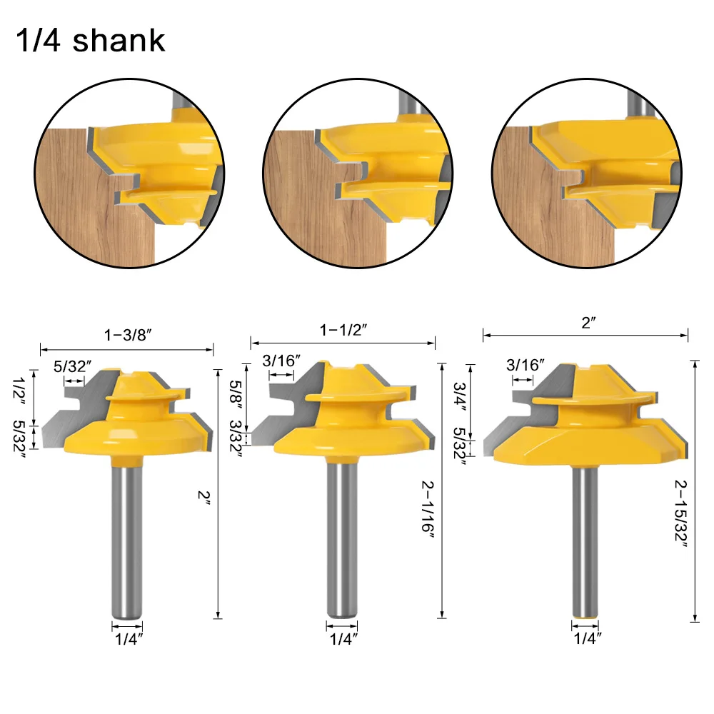 

1/4" (6.35mm) Shank 45-Degree Lock Miter Router Bits Set 3-Size Diameter-1-3/8"&1-1/2"&2" Wood Glue Joint Milling Cutters Kit