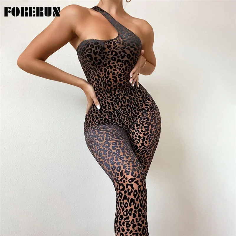 

FORERUN сетчатый облегающий женский комбинезон с леопардовым принтом, флокирующий сексуальный модный спортивный комбинезон на одно плечо без ...