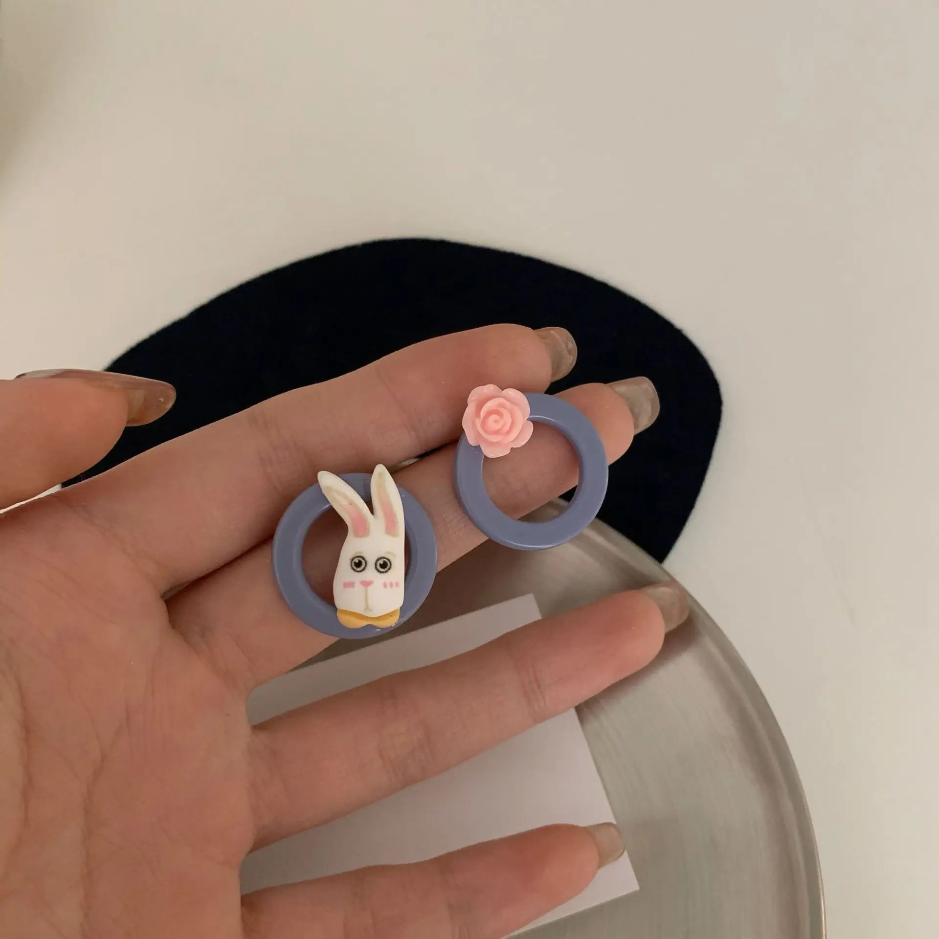 

S925 Silver Needle Cute Bunny Rabbit Rose Flower Stud Earrings Japanese Sweet Geometric Clip Earrings Non Pierced Women Female