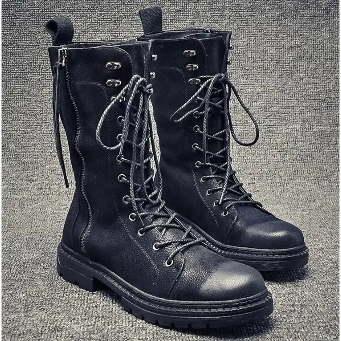 

Korean Style High Boots Martens Fall Winter Fashion Fashionable Long Tube Leather Lace-up Men's Denim Riding Boots