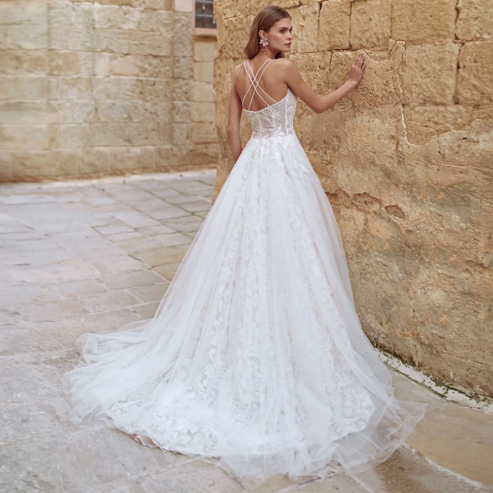 

Vestidos Elegant Wedding Dresses Tulle Illusion Appliques V-Neck Spaghetti Straps Zipper Ball Bridal Gowns