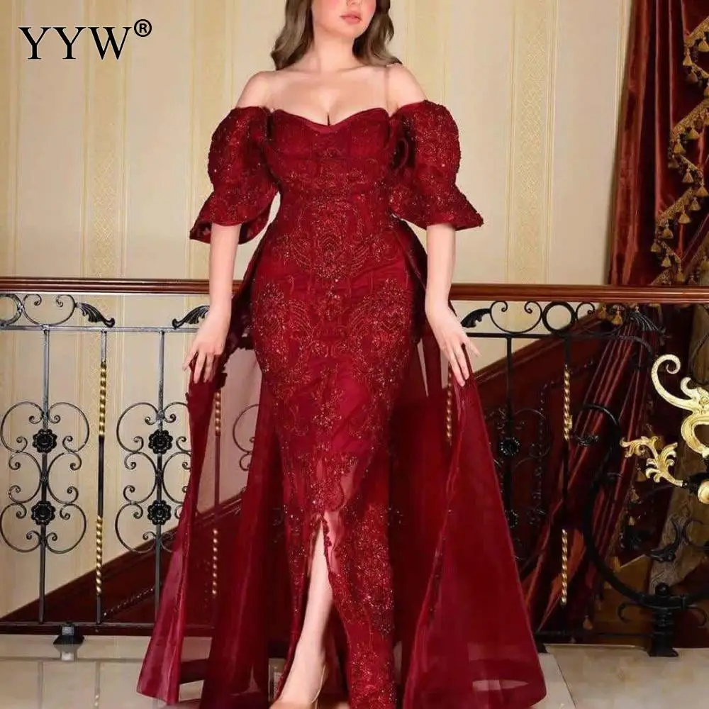 Женские вечерние платья красного цвета Длинные с оборками и открытыми плечами
