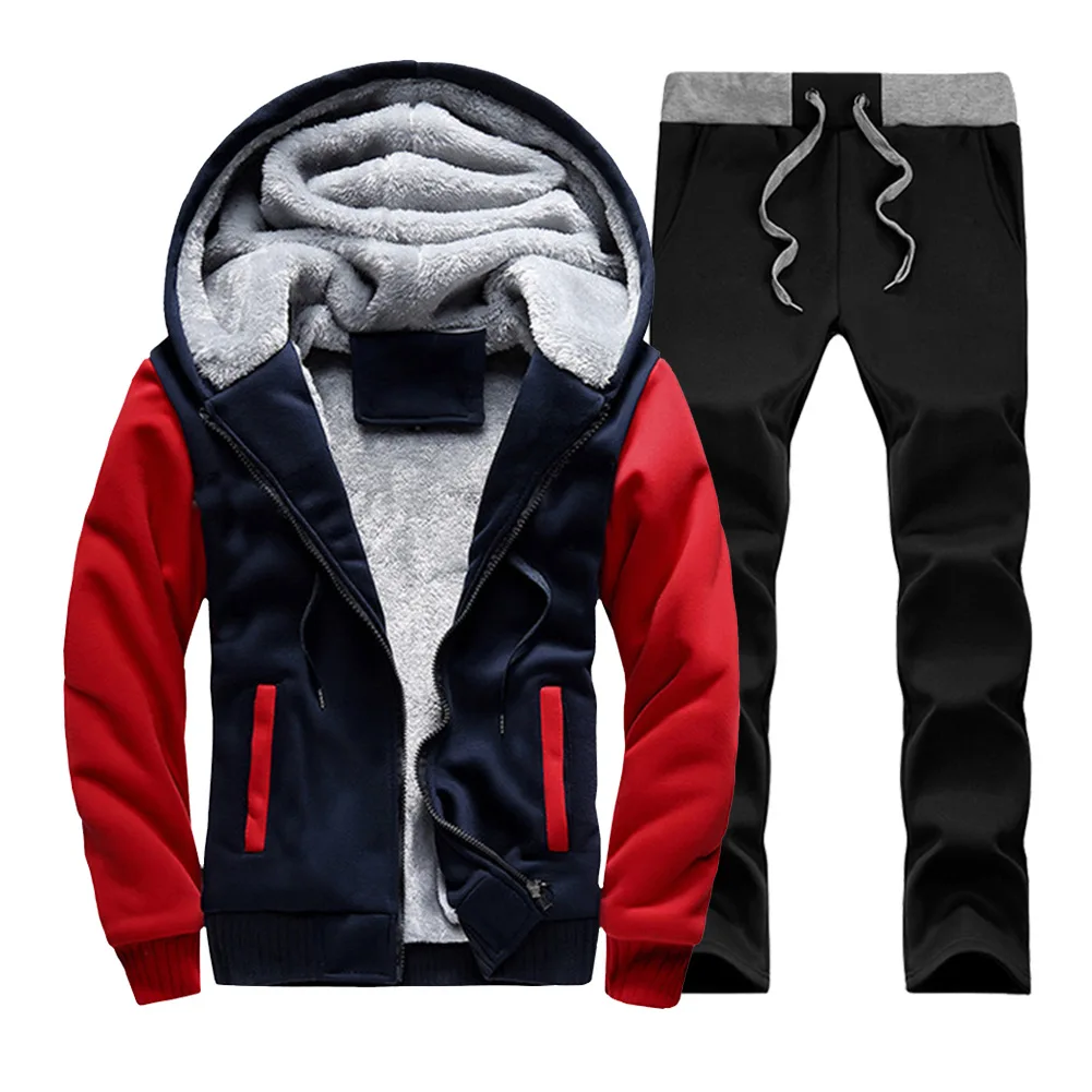 

Winter Men Set Thick Warm Mens Jacket Hoodies2PC Pants Suit Man Hooded Sportswear Fleece Patchwork Sweatshirt Zipper SportsSuit
