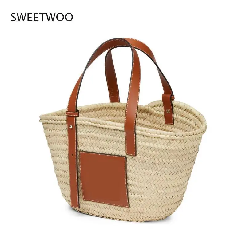 

Straw Woven Bucket Bag for Women Luxury Texture Fur Cabbage Basket 2021 Raffia Handmade Female Fashion Handbag Rattan Beach Bag