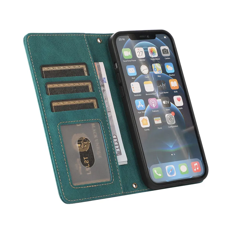 Чехол для iphone 14 13 12 Mini 11 Pro xs Max xr x 7 8 plus SE 2020 чехол-кошелек с ремешком карт кожаный