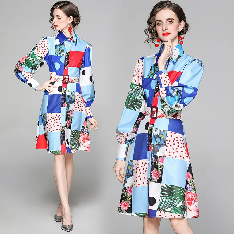 

Simgent Shirt Blouse Dress Women Lantern Sleeve Dot Floral Print Elegant A Line Knee Length Dress Vestidos Robe Femme SG1181