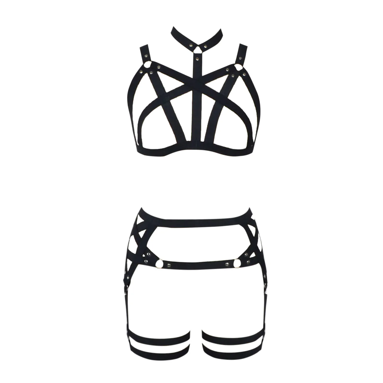

Women sexy Garter Body Belts Waist To Leg Body Bondage Cage Fetish Sexy Underwear 2 Piece Leather Harness Set Garter Belts