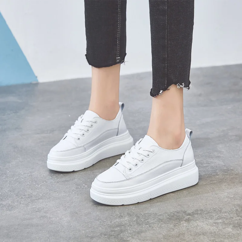 

Genuine Leather Shoes Women Hidden Wedge Shoes Woman Sneakers Fashion Platform Casual Shoes for Lady Lace Up High Heel Sneaker