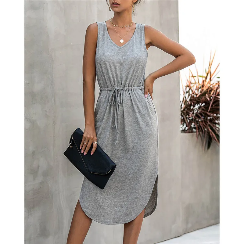 Женское Повседневное платье с бантом летнее однотонное без рукавов круглым