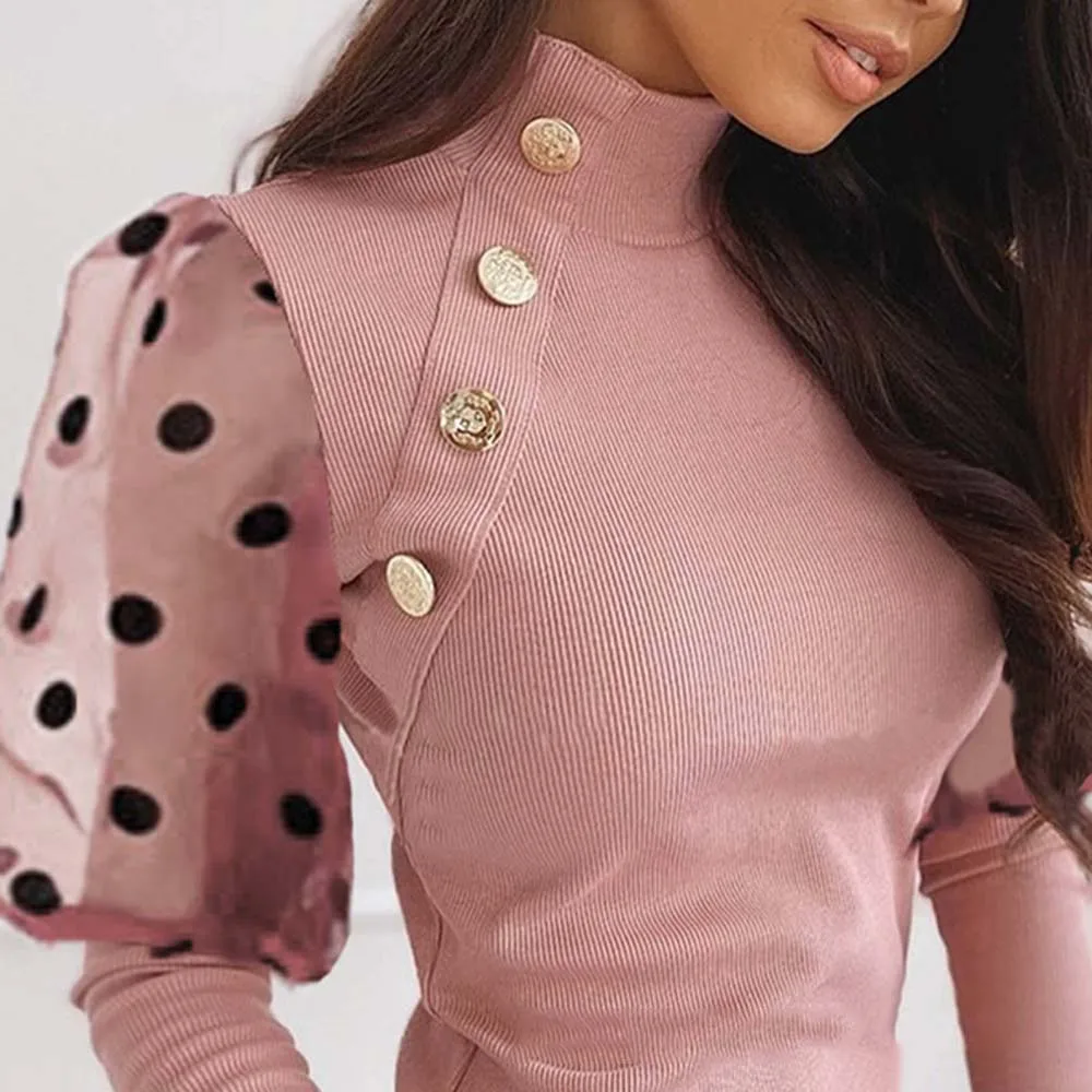 2020 Women Spring Knit Sweater Pink Color Block Polka-dot Mesh-Panel Top Casual Slim Turtleneck Pullover | Женская одежда