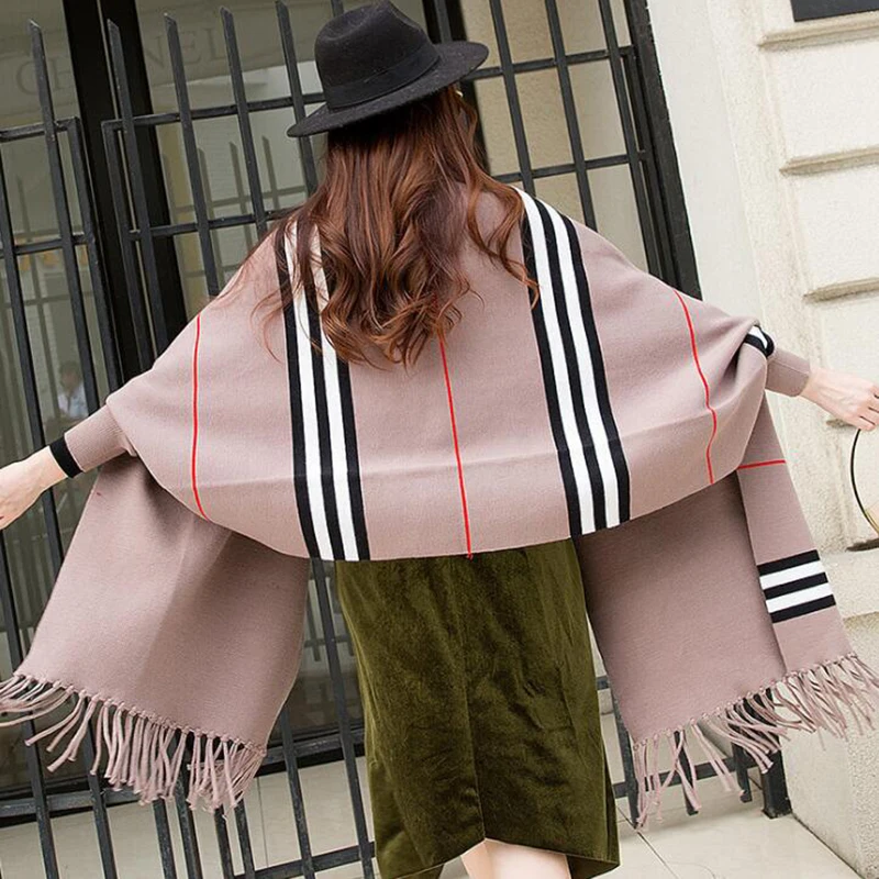 Модный женский вязаный кардиган весна осень stripeMid длинные кисточки свитер-накидка пальто шаль s300