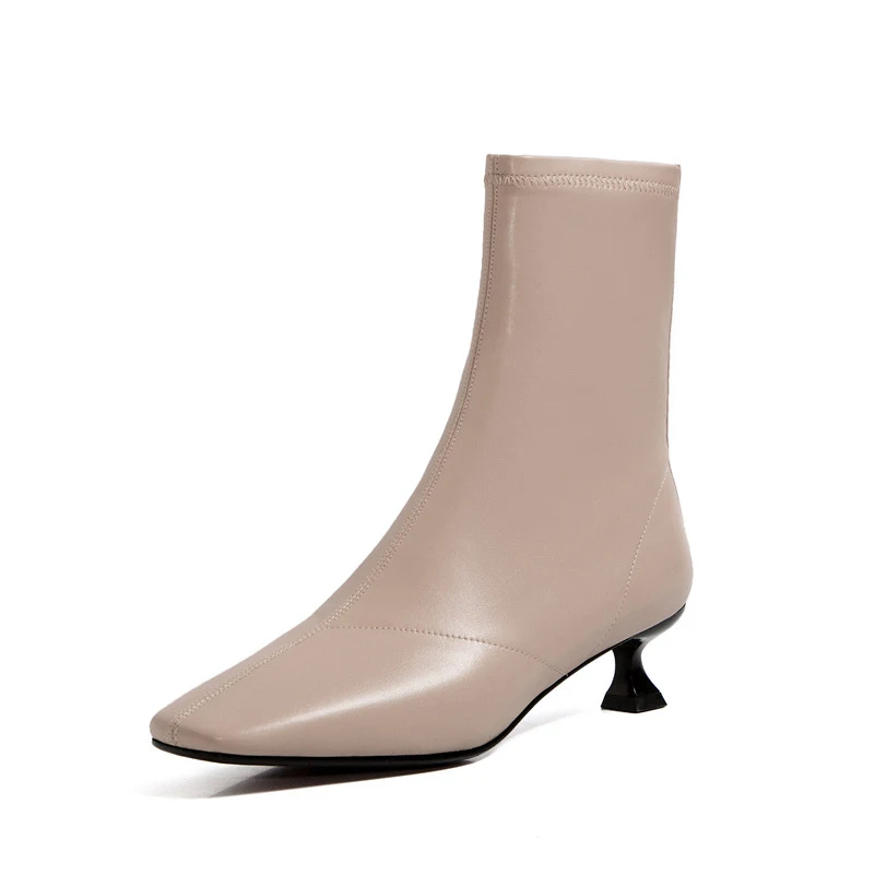 

ANNYMOLI Woman Boots Med Heel Ankle Boots Stiletto Heel Short Boots Zipper Square Toe Female Shoes Autumn Winter Black Apricot