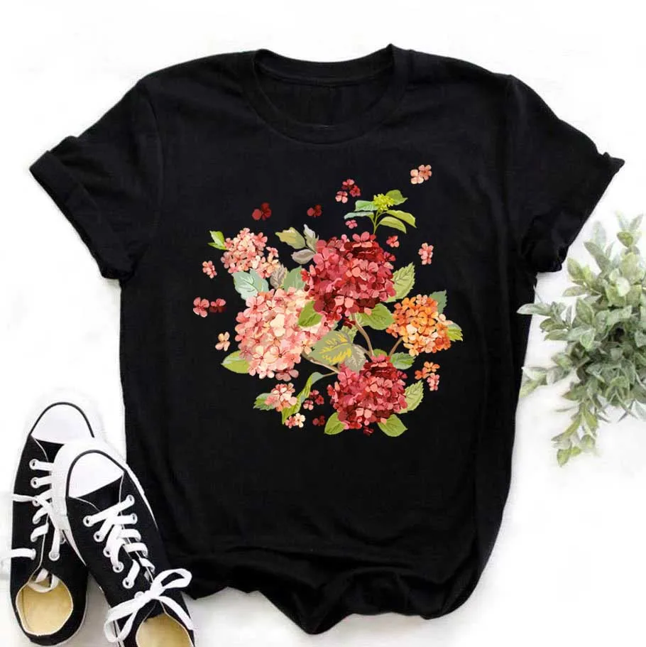 

Women T Shirt Flower Printed Tops Tee Female Short Sleeve O-neck T-shirt Black T-shirt Woman Summer Cute Tee Shirts