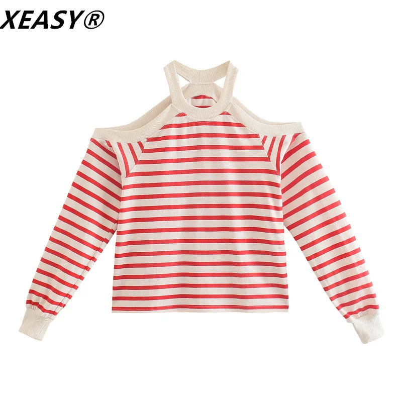 

XEASY Женская Весенняя Новинка Топ с открытыми плечами свободного кроя в полоску с длинными рукавами и круглым вырезом короткий вязаный свите...