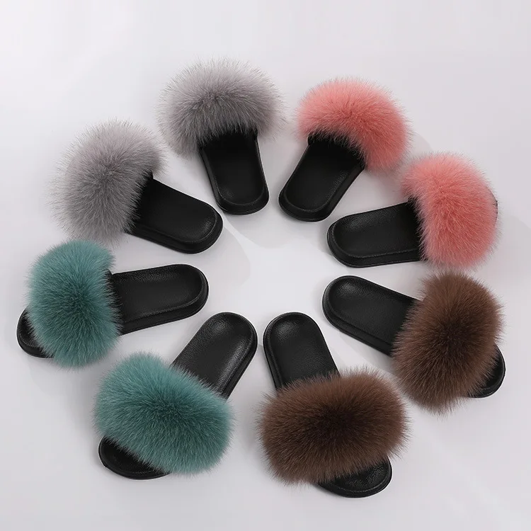 

Women Solid Color Cute Fur Slides Female Real Fox Fur Slippers Fashion Home Shoes Ladies Fluffy Fur Sandals Large Size Flip Flop