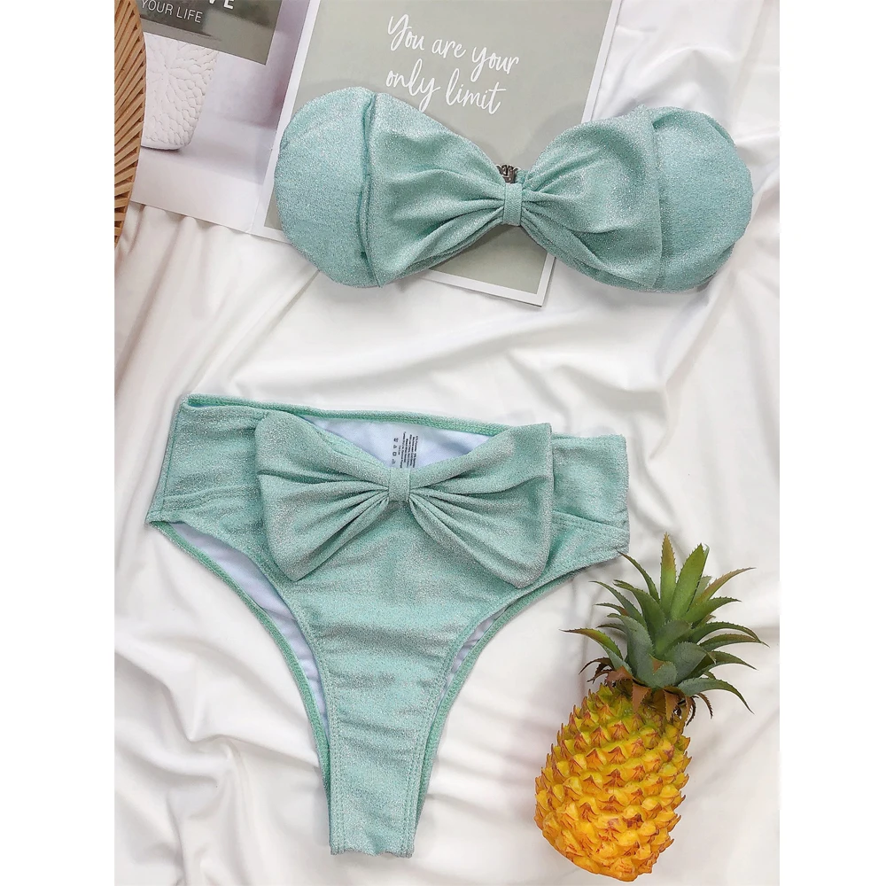 

2021 Dropshipping Sexy Bikinis Women Bright Silk Balck Split 2 Piece Sets Swimsuit Push-UpBandage Bathing Suits Summer Swimwear