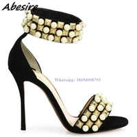 new black womens sandals rivet pearl decor women sandals thin high heel black summer shoes for women stilettos zapatos mujer